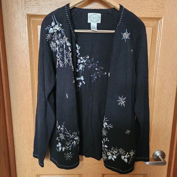 Stitches In Time Black Sweater Cardigan Size L Beading & Embroidered Cottagecore - Picture 3 of 16